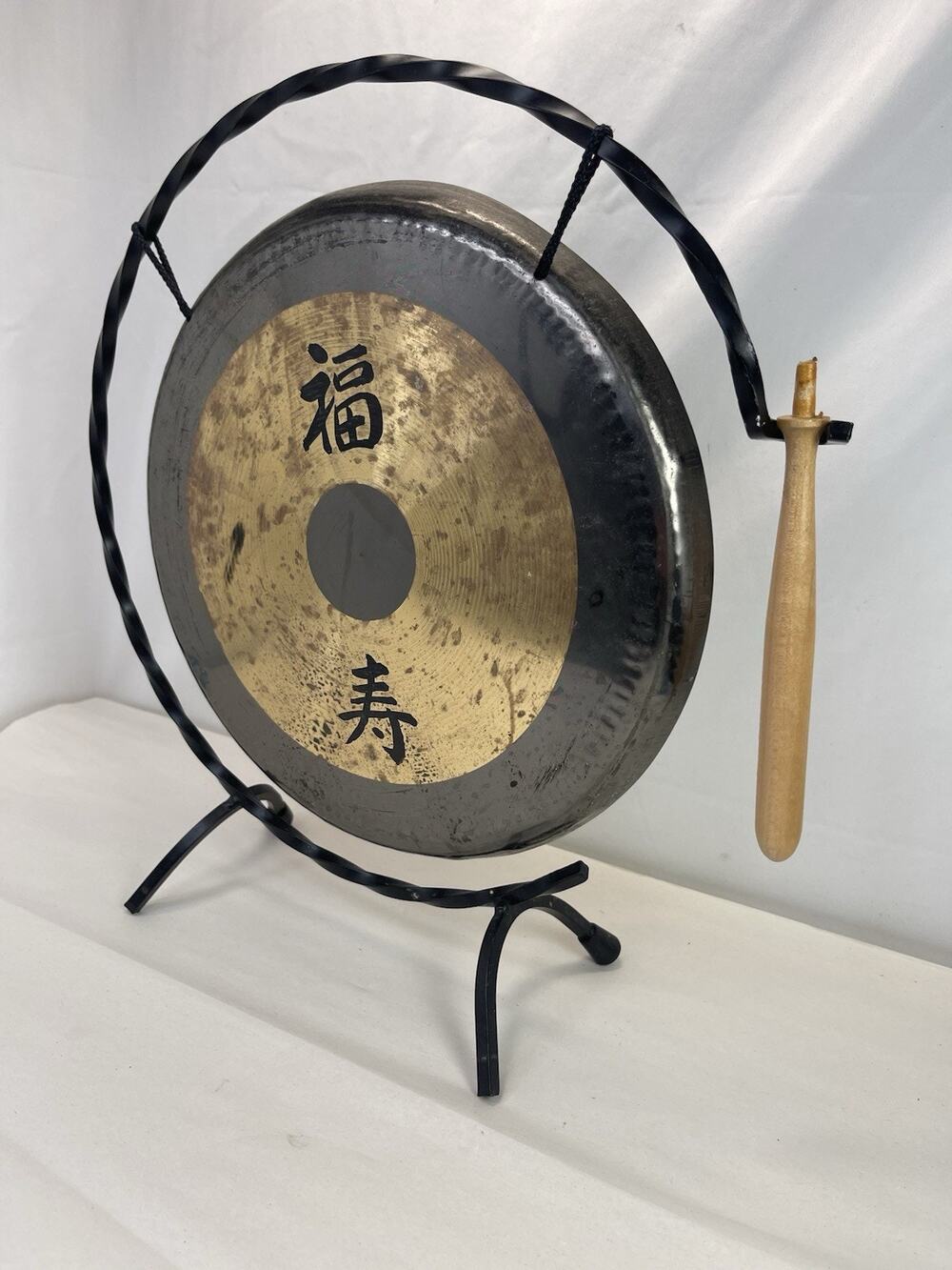 Old Brass Desk Gong Wrought Iron Stand Mallet Chinese Works